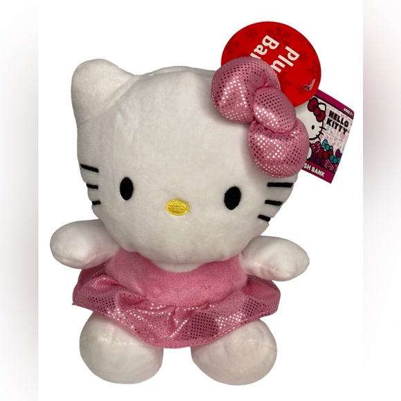 SANRIO Hello Kitty Licensed 8” Plush Coin Piggy Bank With Pink Dress & Pink Bow - Picture 2 of 12